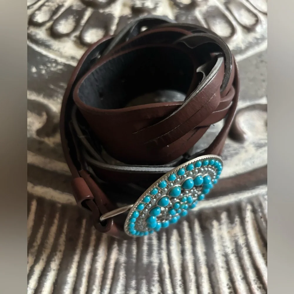 Justice Brown Belt with Turquoise and Silver Beaded Buckle Large (2012)